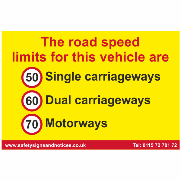 The Road Speed limits for this vehicle 50mph 60mph and 70mph sign