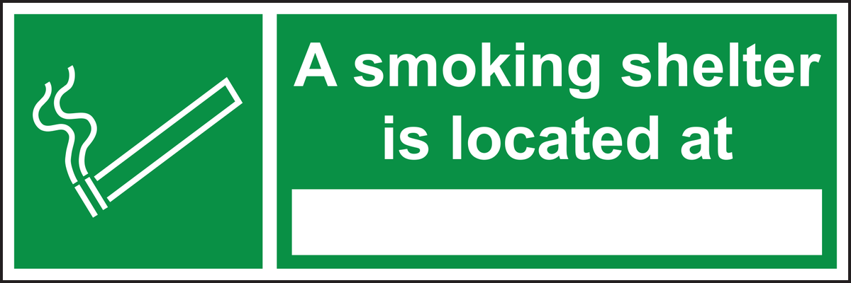 A smoking shelter is located at sign