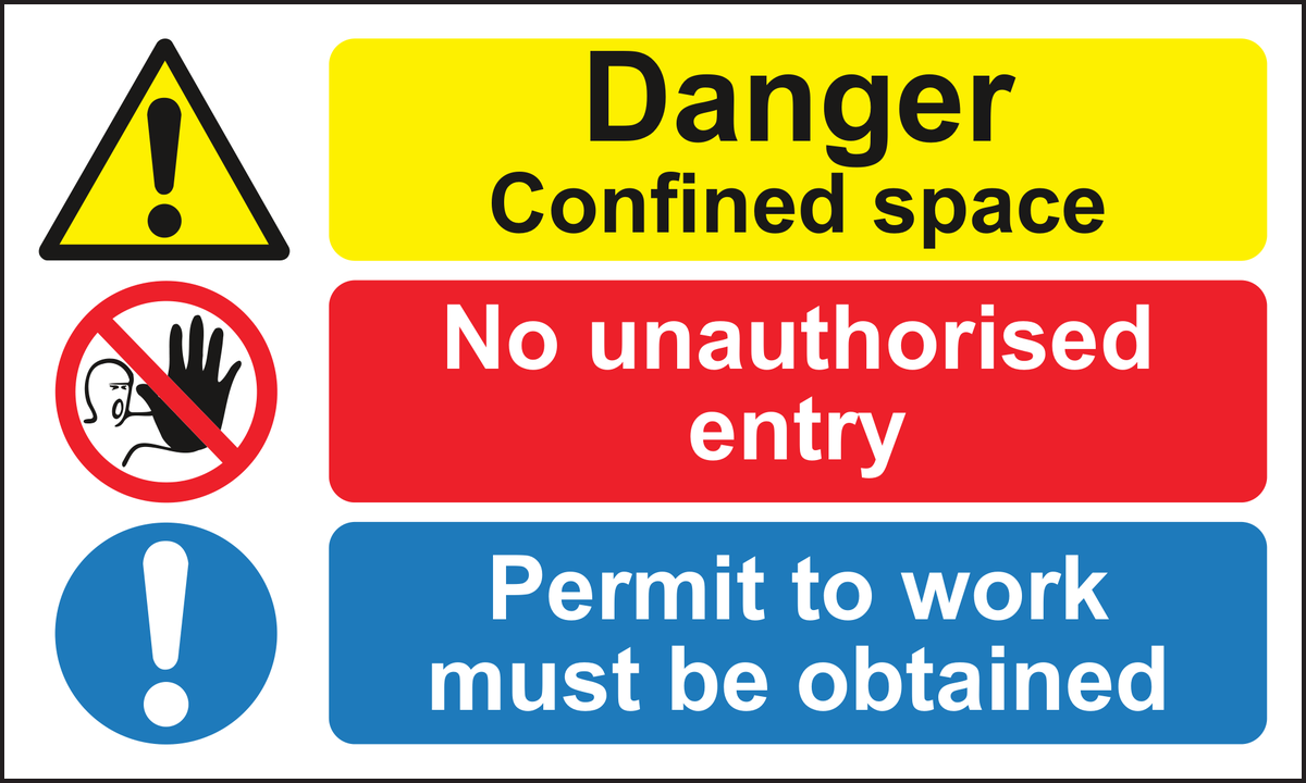 Danger Confined space No unauthorised entry Permit to work must be obtained sign