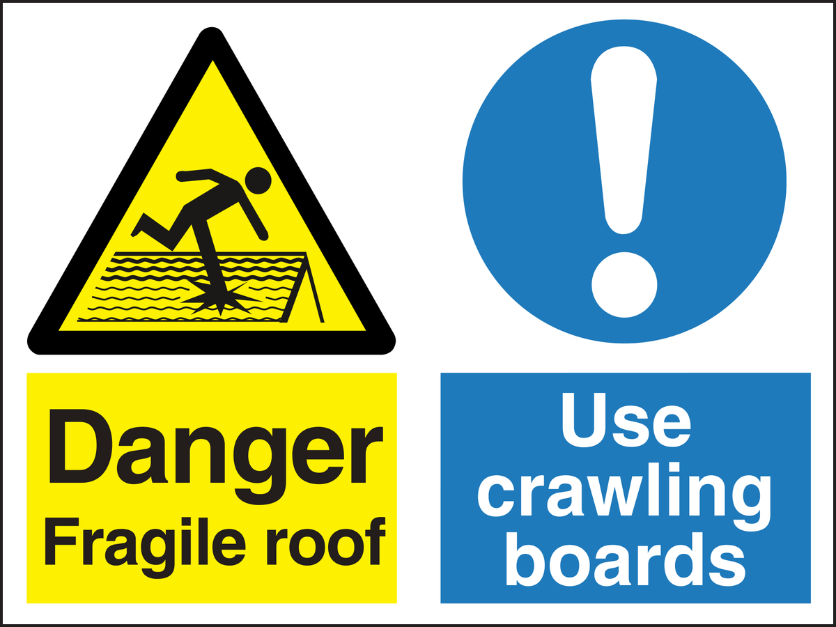 Danger fragile roof use crawling boards sign