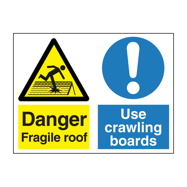 Danger fragile roof use crawling boards sign