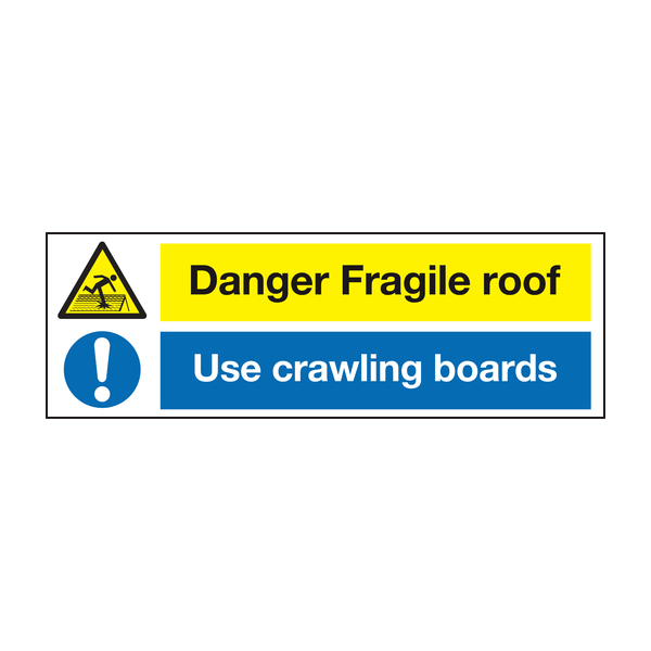 Danger fragile roof use crawling boards sign