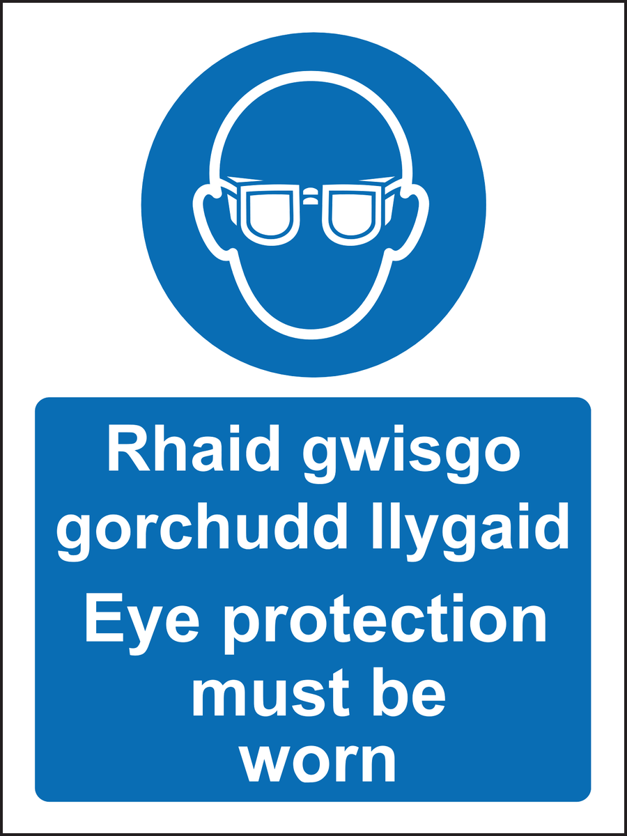 Eye protection must be worn Rhaid gwisgo gorchudd llygaid Welsh English Sign