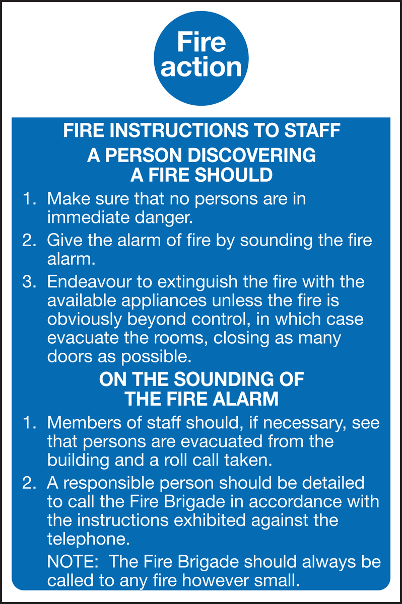 Fire action fire instructions to staff sign
