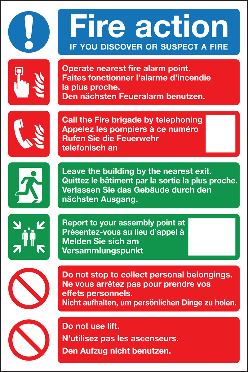 Fire action multi-lingual sign