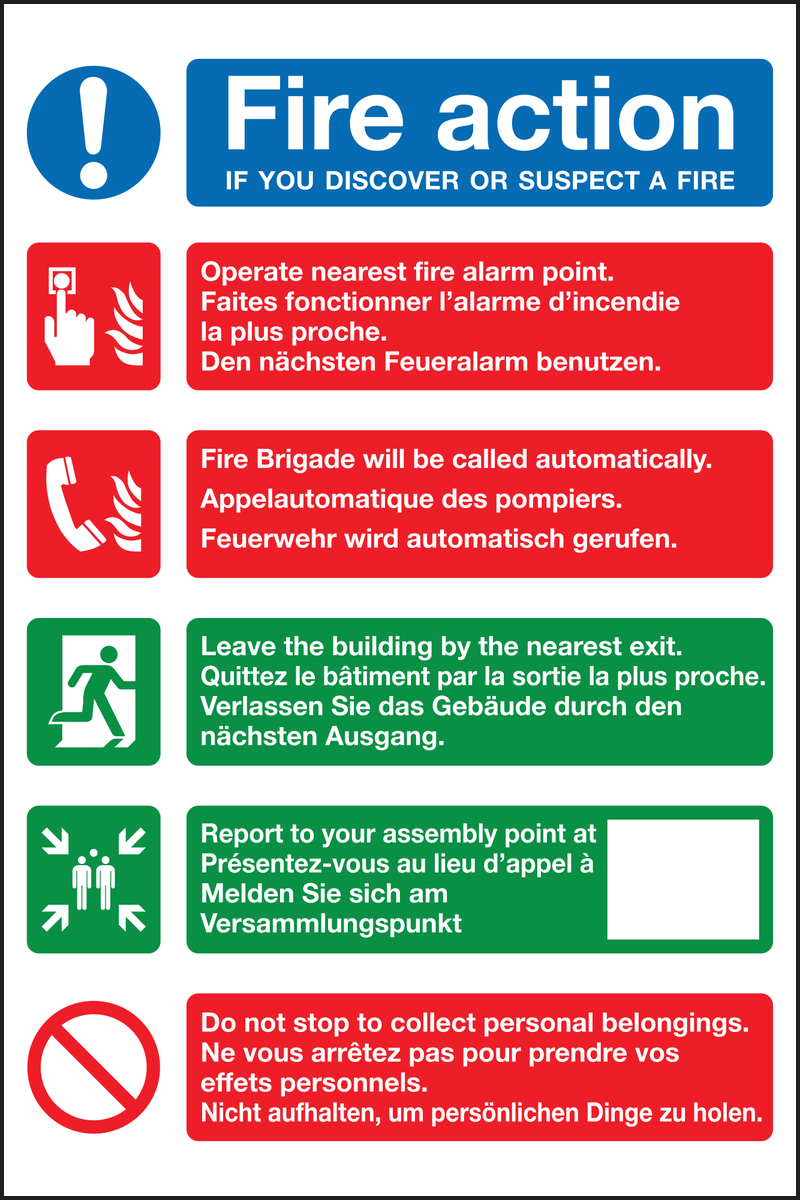 Fire action multi-lingual sign