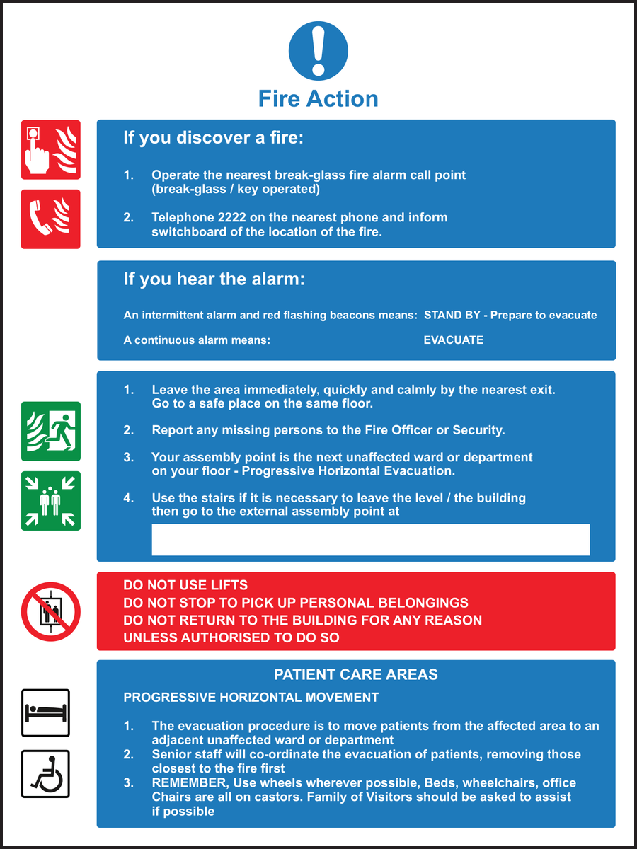 Fire Action Patient Care Areas Progressive Horizontal Evacuation Sign