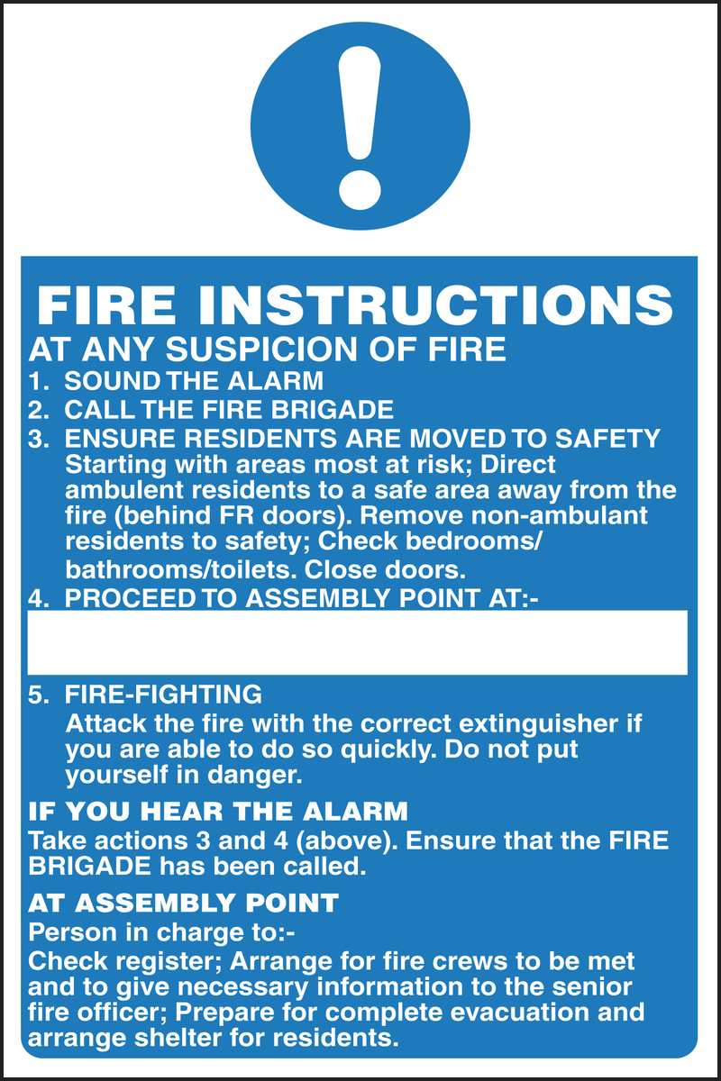 Fire Instructions For Residential Care Premises Sign