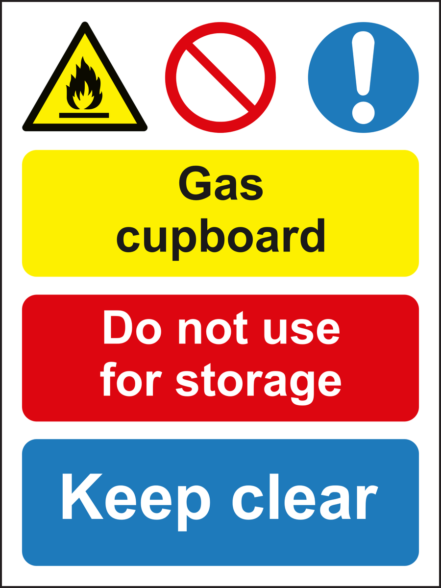 Gas cupboard do not use for storage keep clear sign