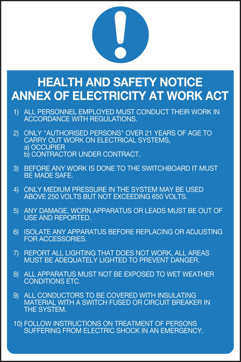Health and safety notice annex of electricity at work act sign