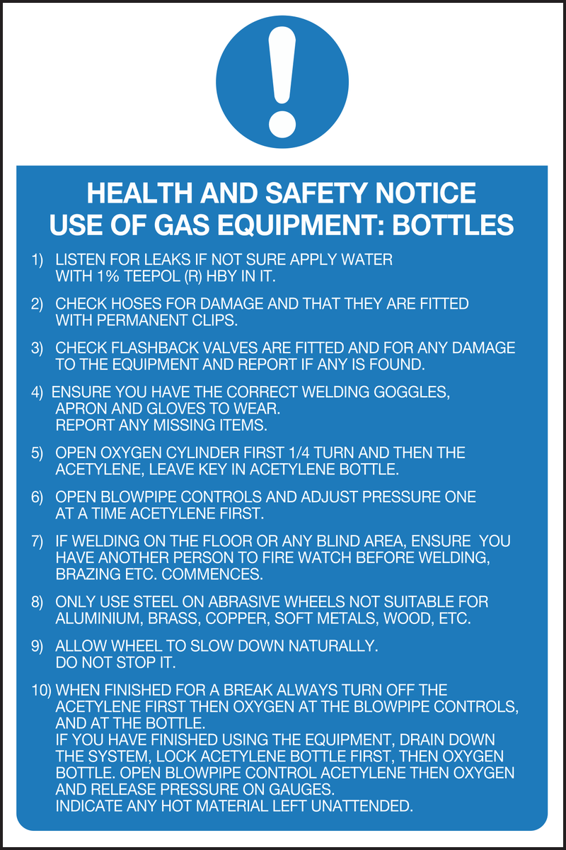 Health and safety notice use of gas equipment bottles sign
