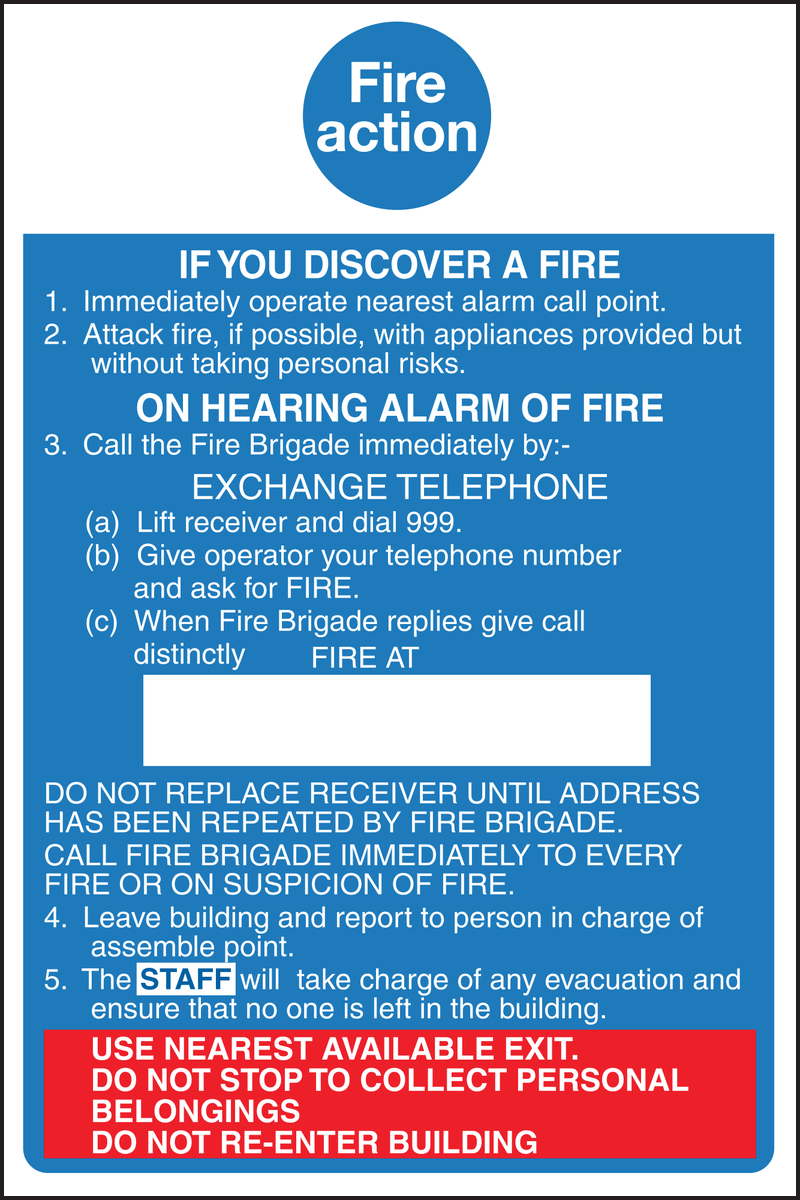 Hospital fire action sign