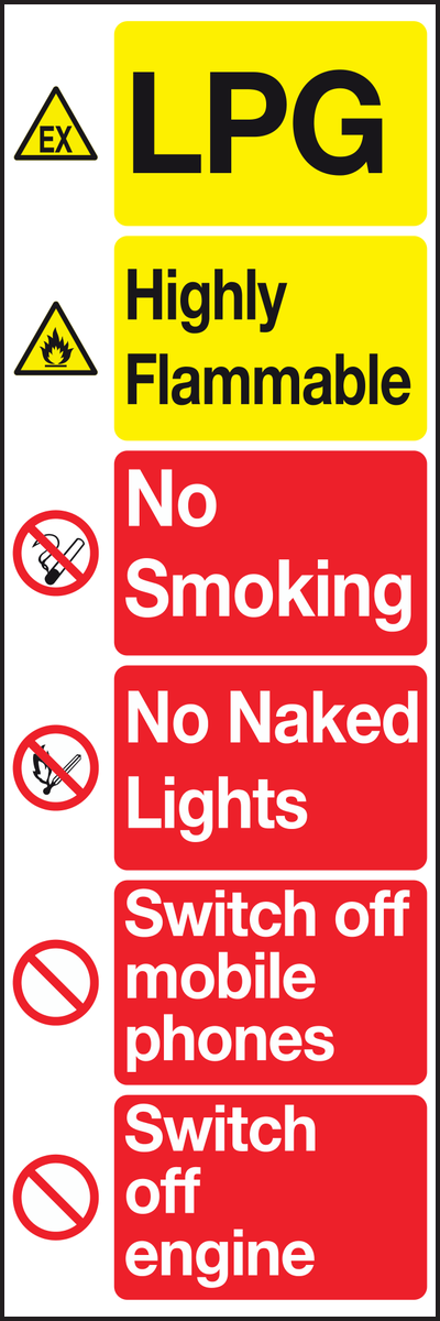 LPG highly flammable no smoking no naked lights switch off mobile phones switch off engine sign
