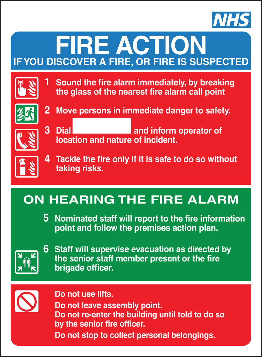 NHS Fire action if you discover a fire or fire is suspected sign