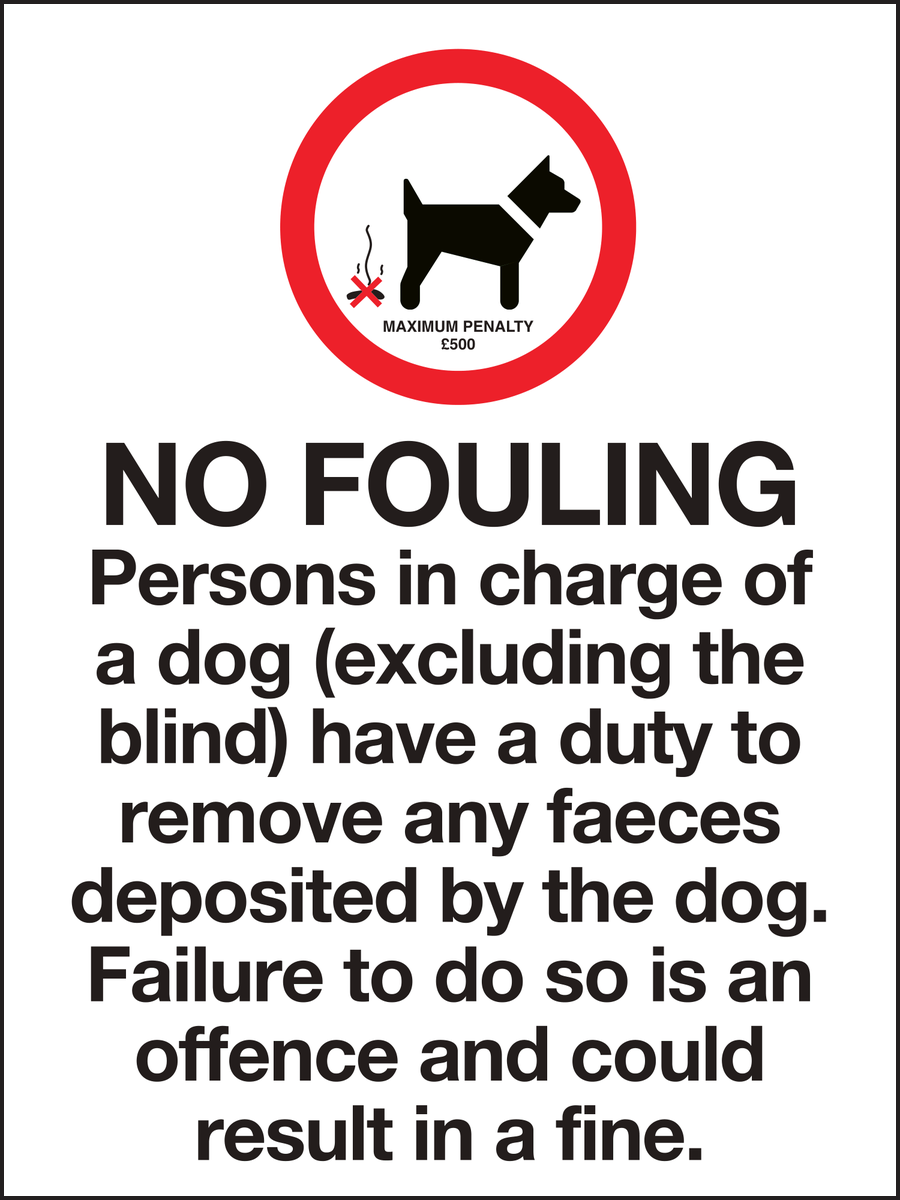 No fouling persons in charge of a dog sign
