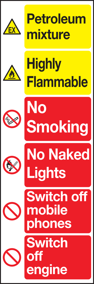 Petroleum mixture highly flammable no smoking no naked lights switch off mobile phones switch off engine sign
