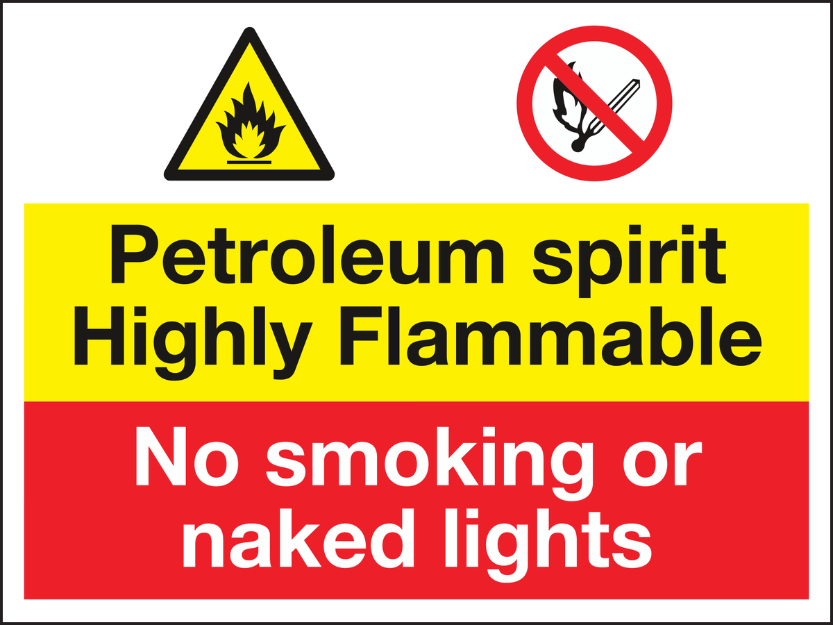 Petroleum spirit highly flammable no smoking or naked lights sign