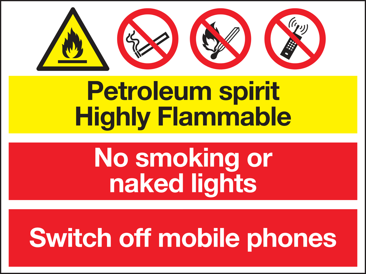 Petroleum spirit highly flammable no smoking or naked lights switch off mobile phones sign