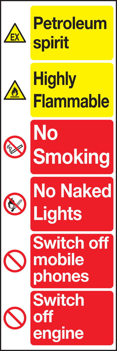 Petroleum sprit highly flammable no smoking no naked lights switch off mobile phones switch off engine sign