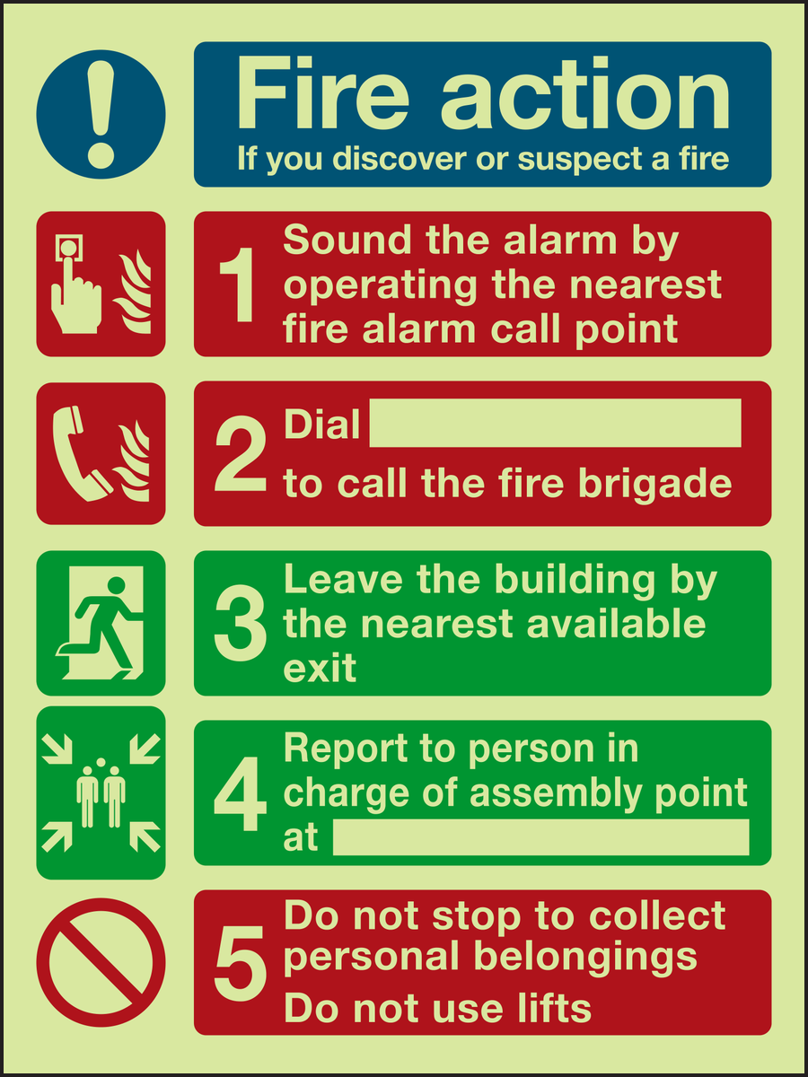 Photoluminescent Fire action if you discover or suspect a fire sign