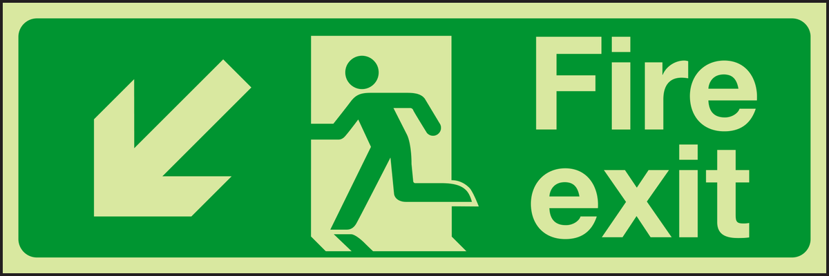 Photoluminescent Fire exit arrow down left sign
