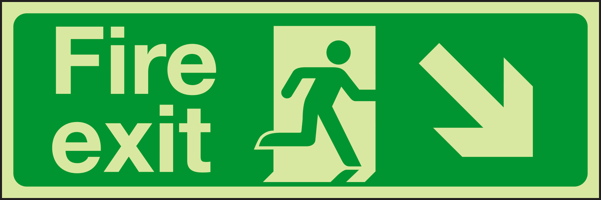Photoluminescent Fire exit arrow down right sign