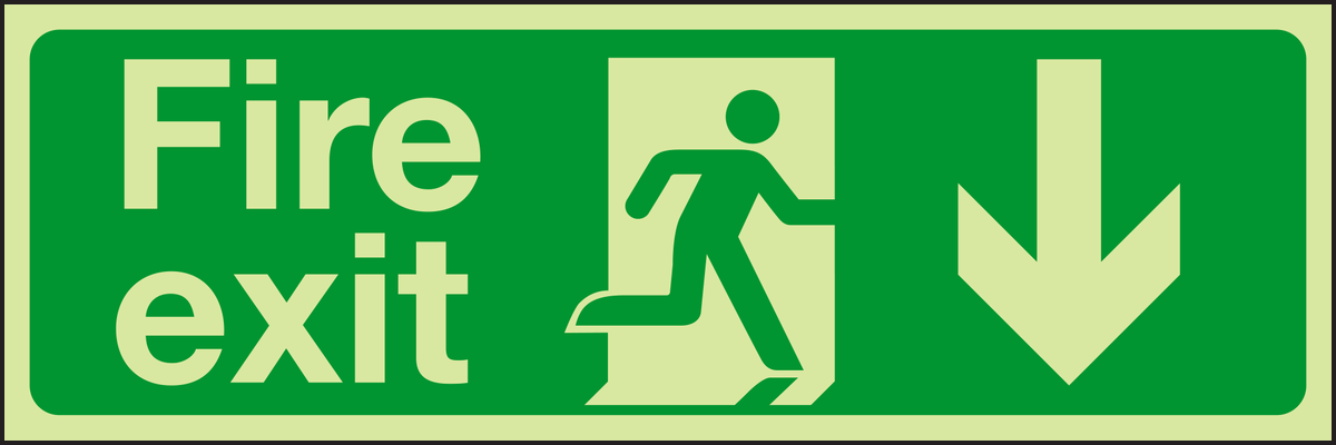 Photoluminescent Fire exit arrow down sign