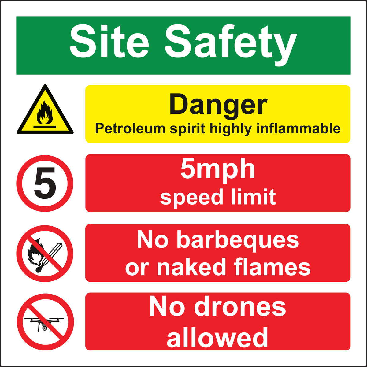 Site Safety Danger petroleum spirit highly inflammable 5mph speed limit no naked flames no drones allowed sign