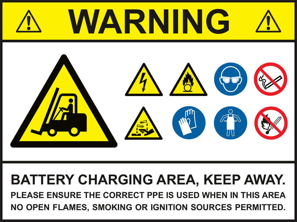 Warning battery charging area keep away sign