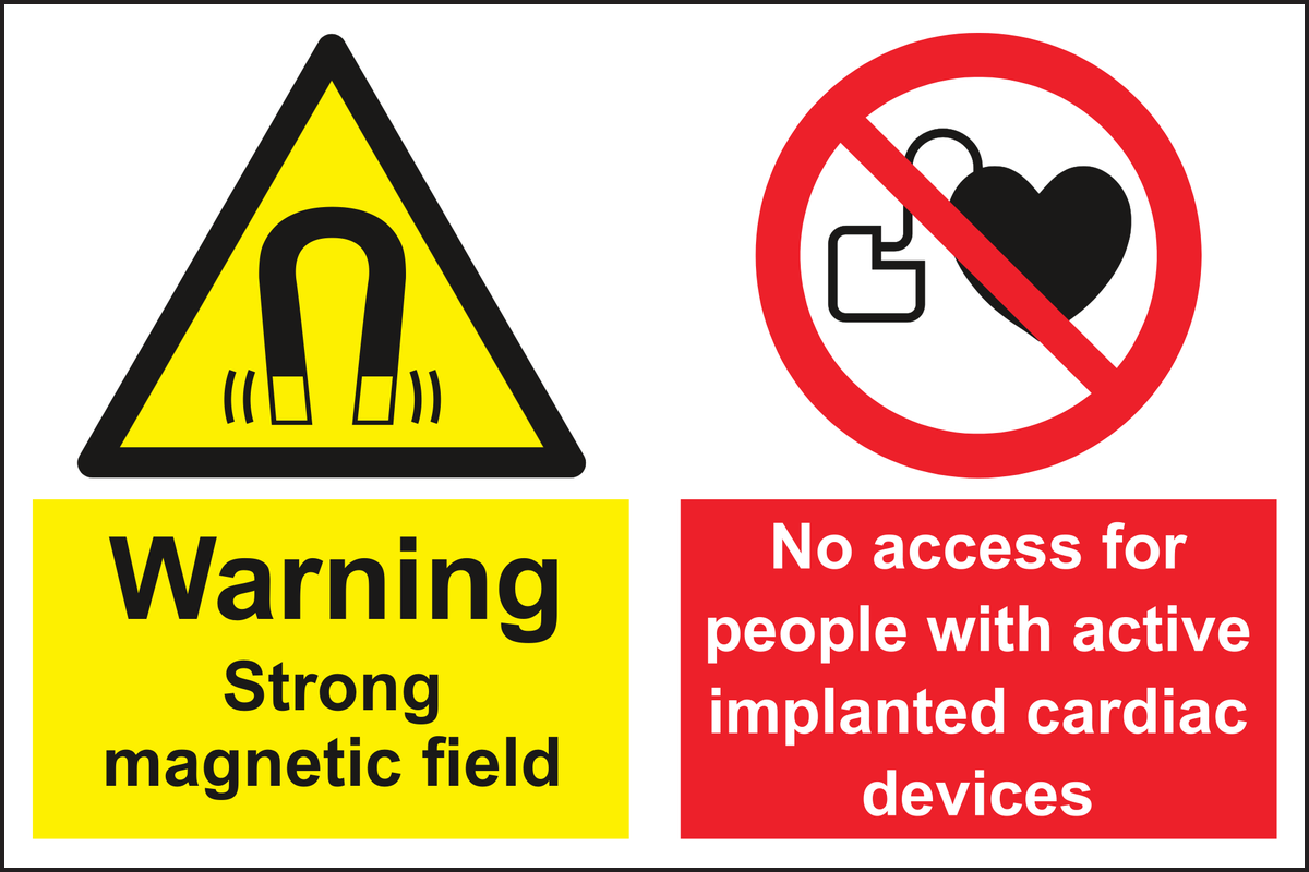 Warning strong magnetic field No access for people with active implanted cardiac devices sign