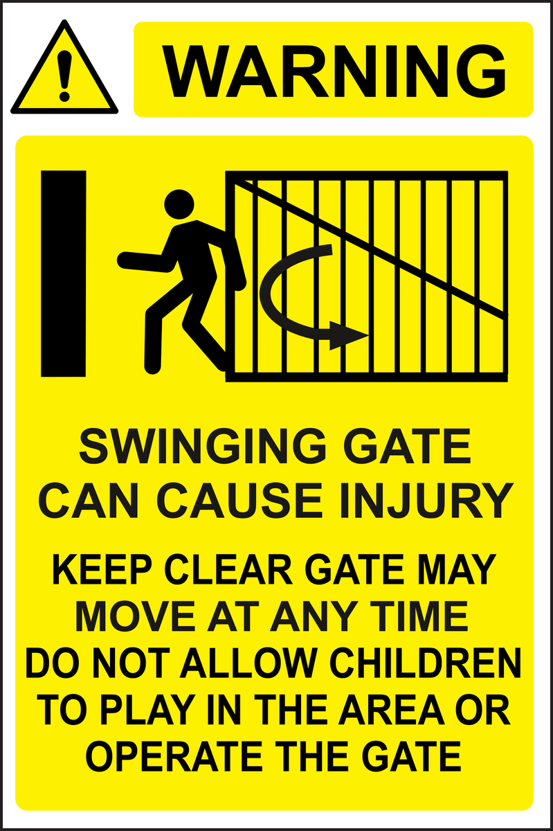 Warning Swinging gate can cause injury sign